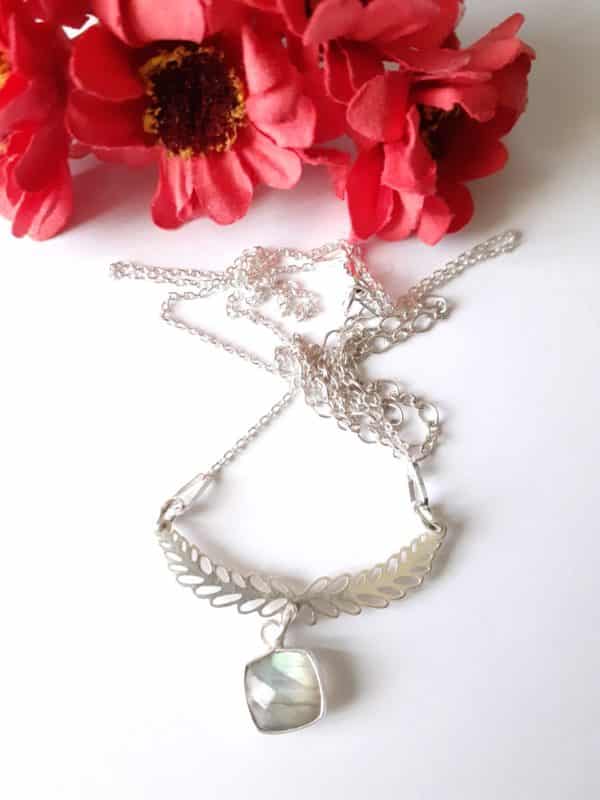 Collier argent sterling pierre naturelle Labradorite et couronne de laurier en argent massif – Image 3