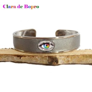 Bracelet jonc cuir véritable couleur gris métallisé et cabochon oeil