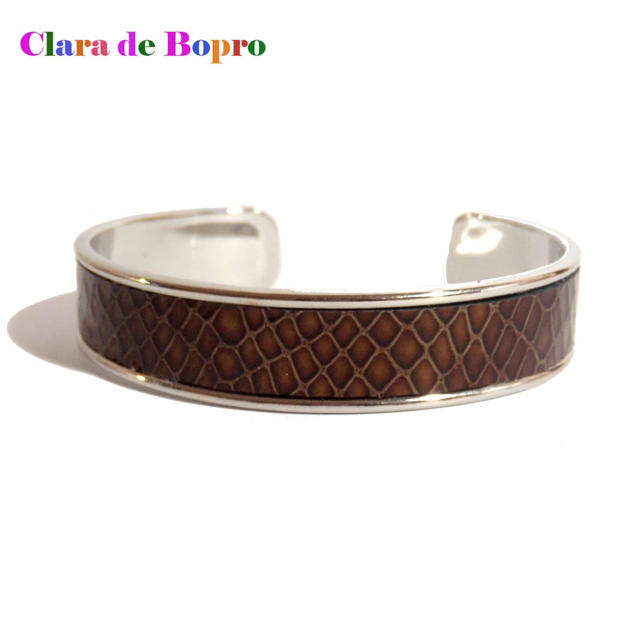 Bracelet jonc en acier inoxydable et cuir marron façon peau de serpent – Image 2