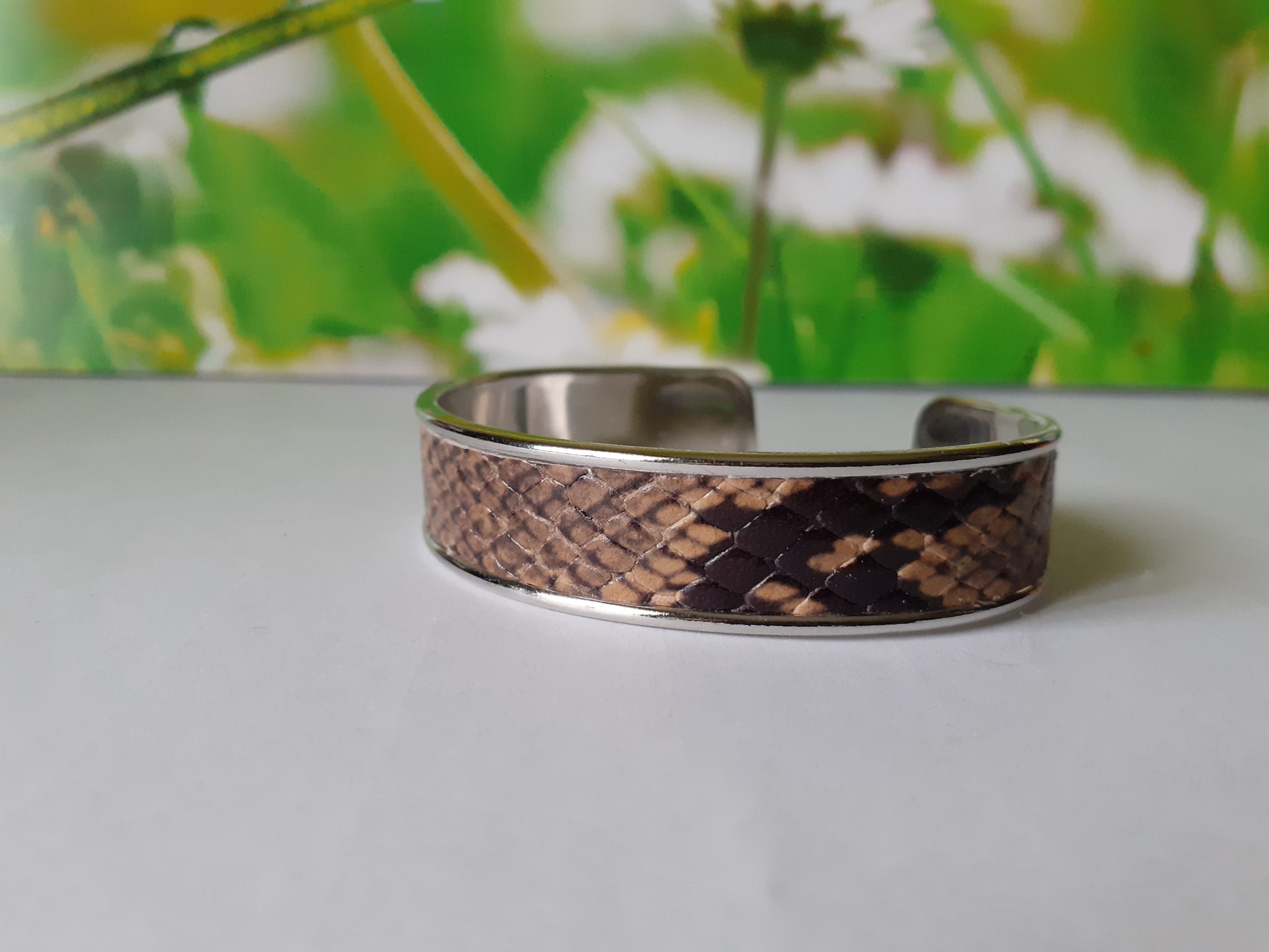 Bracelet cuir pour femme, bracelet manchette en cuir véritable, bracelet jonc façon peau de serpent – Image 2
